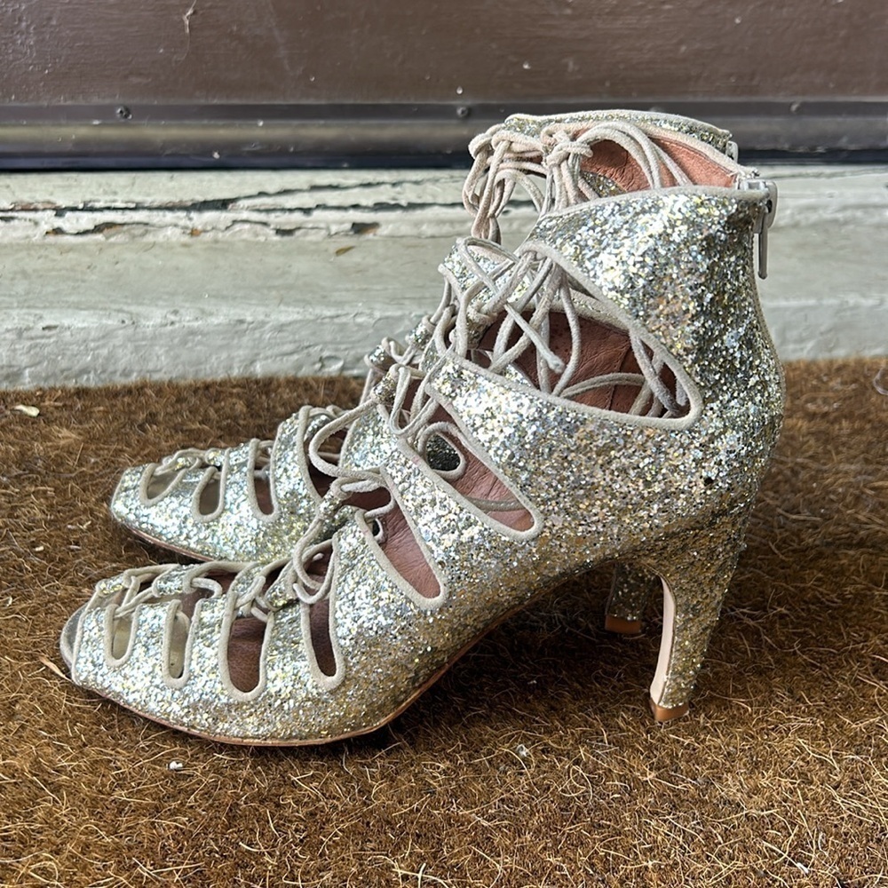 Jeffery Campbell for Free People Gold Sequin Lace Up Heels Gold Glitter Sz 9.5 - Picture 7 of 15